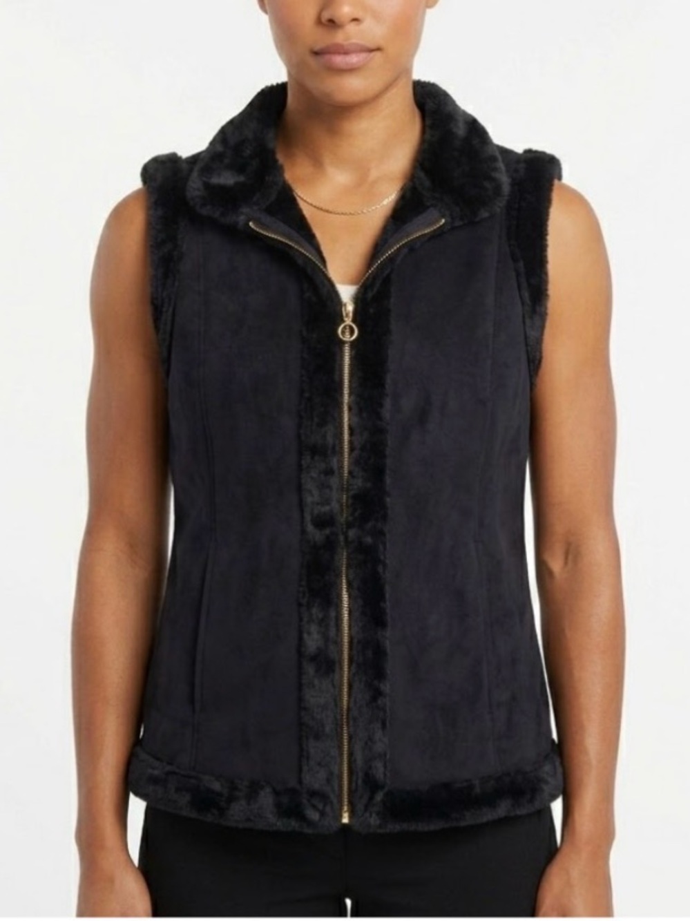 Chaps black faux suede vest with faux fur trim full zip y2k women’s size Large